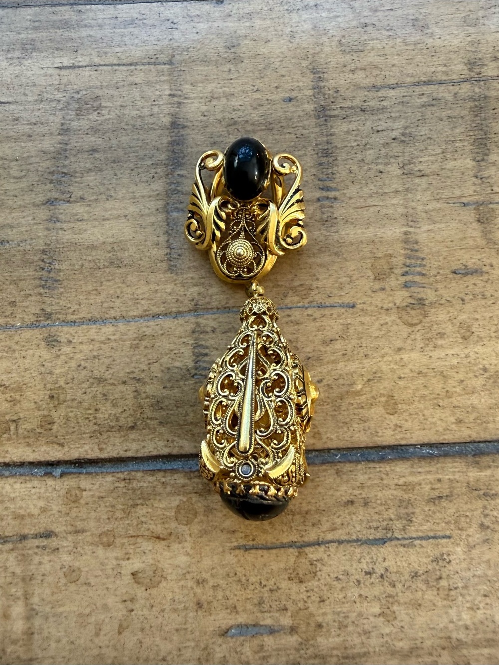Gold Tone Vintage Filigree Drop Pendant with Black Stone - Women Jewelry